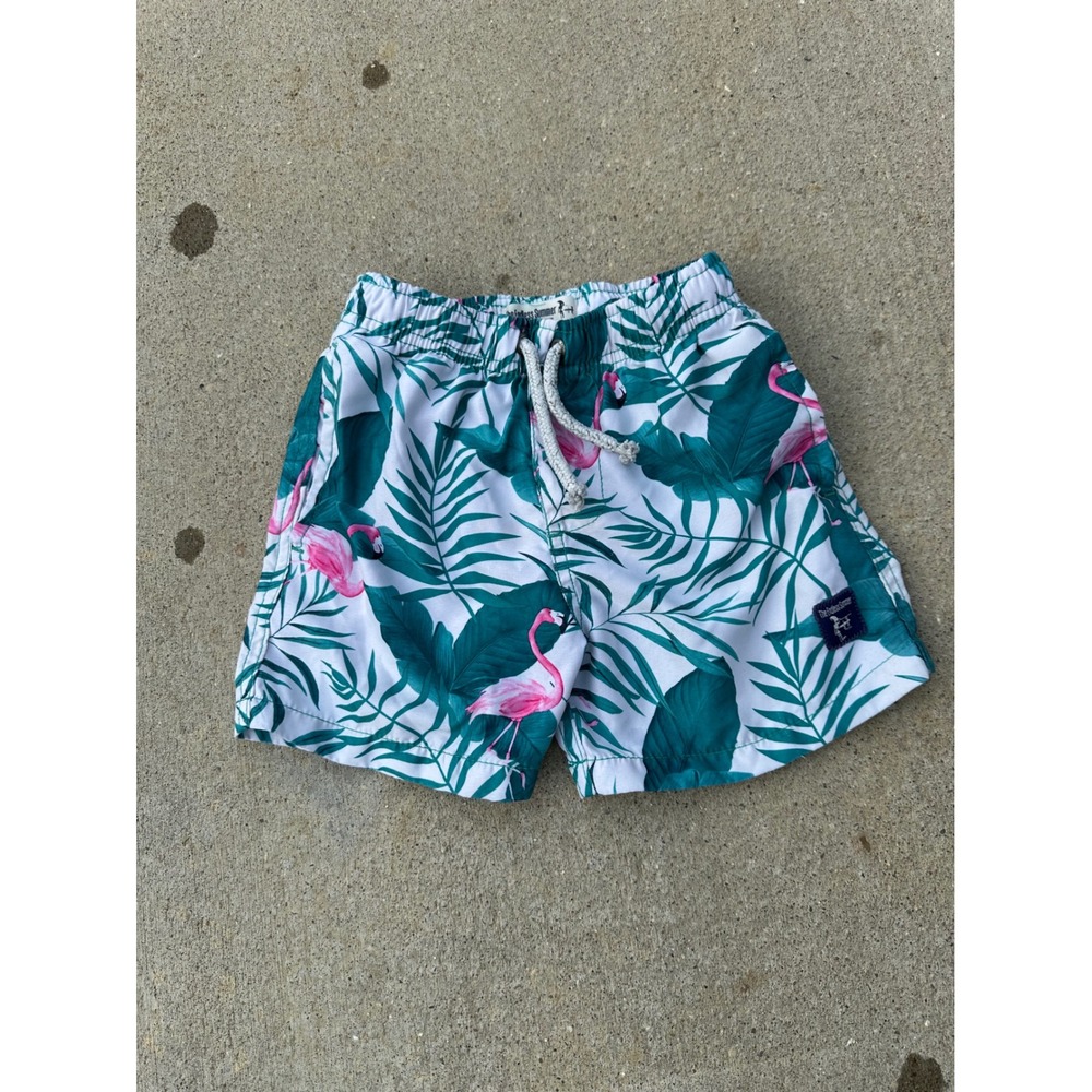 The Endless Summer Kids Flamingo Palm Tree Swim Trunks Size 4 Green Pink White